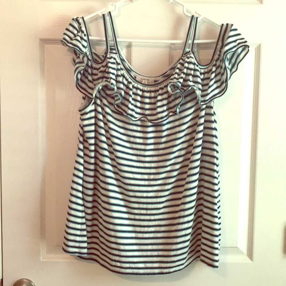 Striped Shirt ruffle neck and peek a boo sleeves